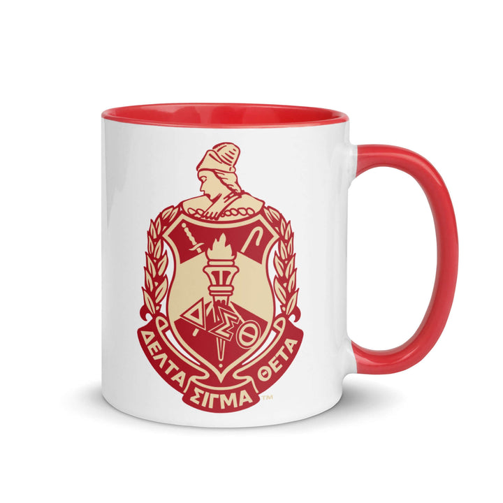 Delta Crest Mug featuring colorful rim and handle, perfect for sorority or fraternity coffee rituals.