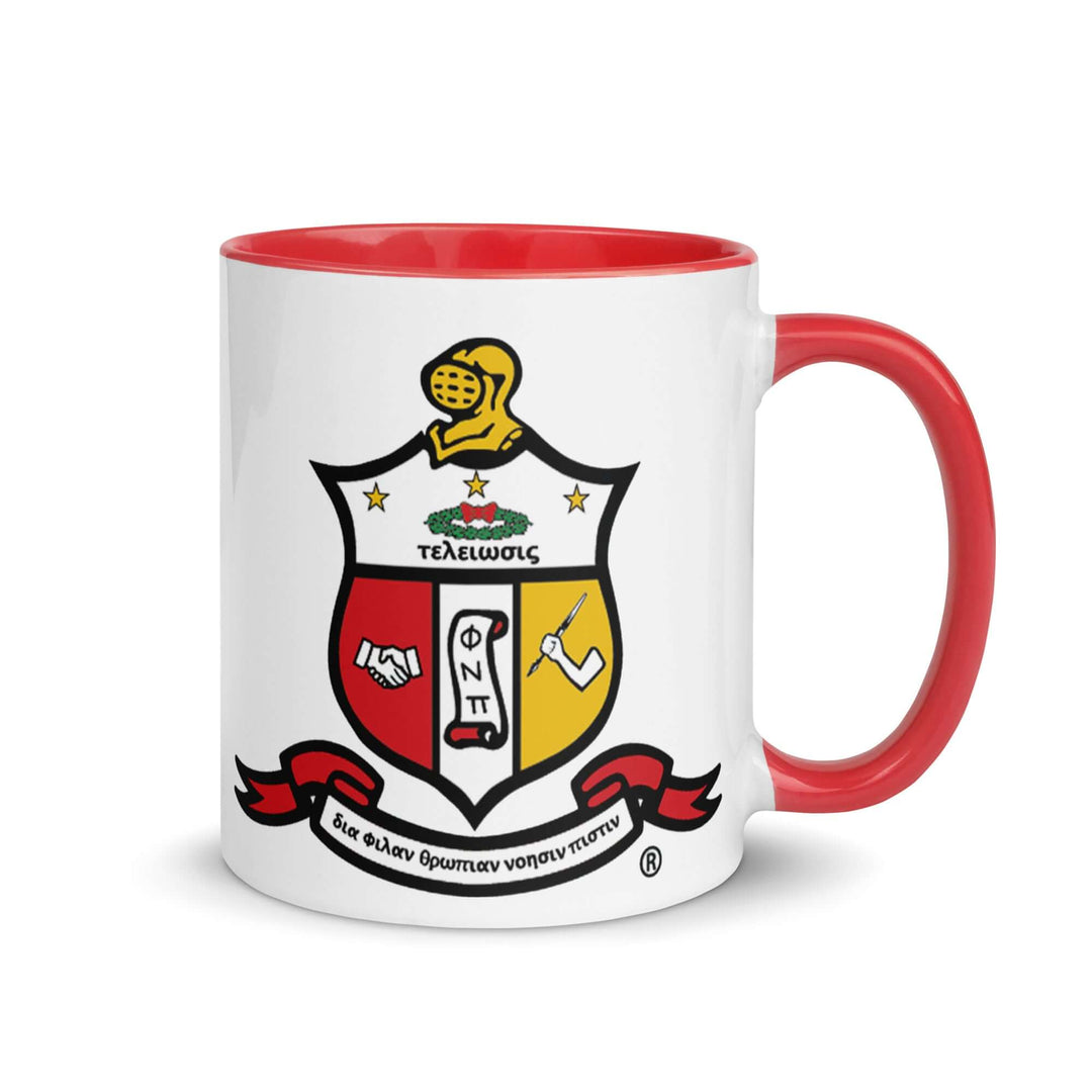 Kappa Alpha Psi Coat of Arms mug with red handle, perfect for sorority or fraternity coffee rituals.