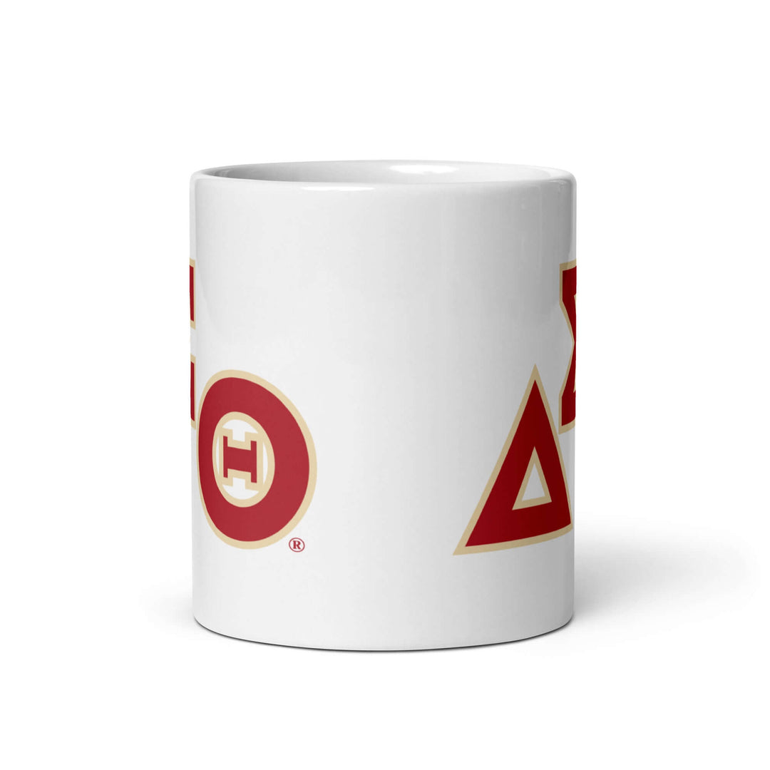 Delta Sigma Theta glossy mug featuring iconic sorority symbol, perfect for greek gear and fraternity paraphernalia.