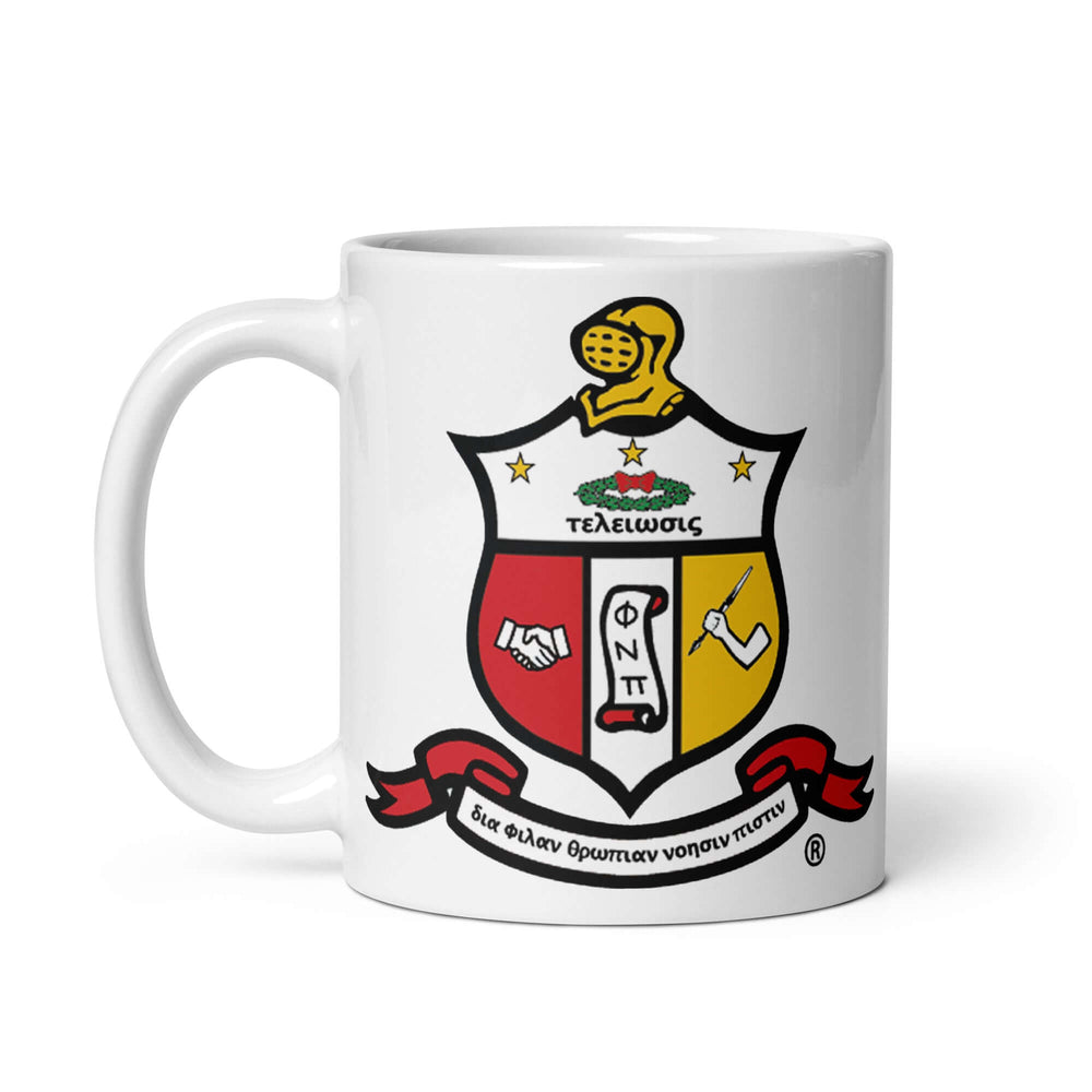 Kappa Alpha Psi Coat of Arms mug featuring Greek letters, perfect for sorority and fraternity paraphernalia. Dishwasher safe.