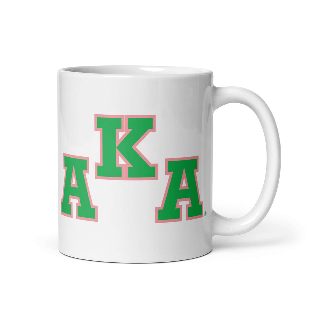 AKA Glossy Symbol Mug featuring vibrant green letters, perfect for sorority paraphernalia and Greek gear enthusiasts.