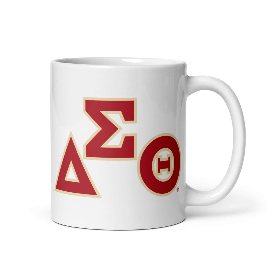 Delta Sigma Theta glossy mug showcasing iconic symbols for sorority and fraternity pride in ceramic design.
