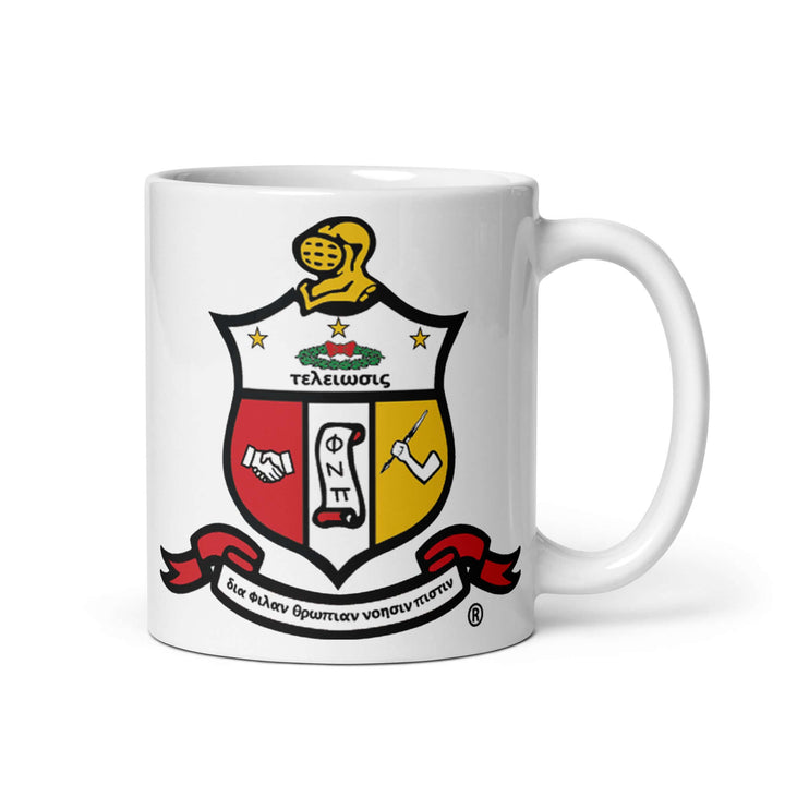 Kappa Alpha Psi coat of arms mug featuring sorority colors and symbols, perfect for Greek gear enthusiasts.