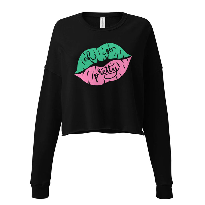 Stylish black cropped sweatshirt with colorful lips design, perfect for sorority or fraternity greek gear.