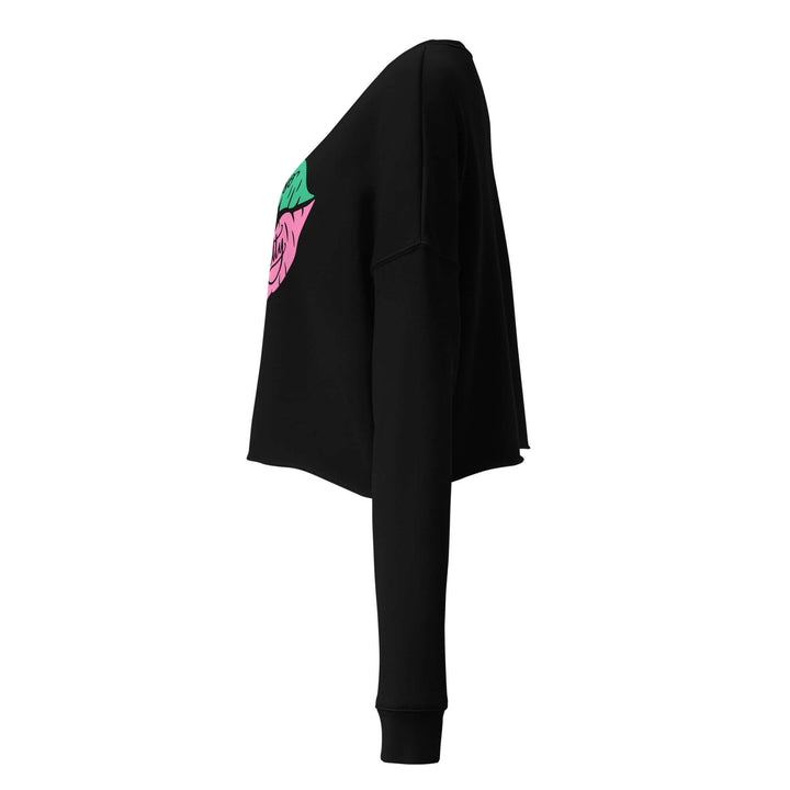 Side view of Oh So Pretty Crop Sweatshirt in black, featuring stylish pink and green design, perfect for Greek gear and sorority wear.
