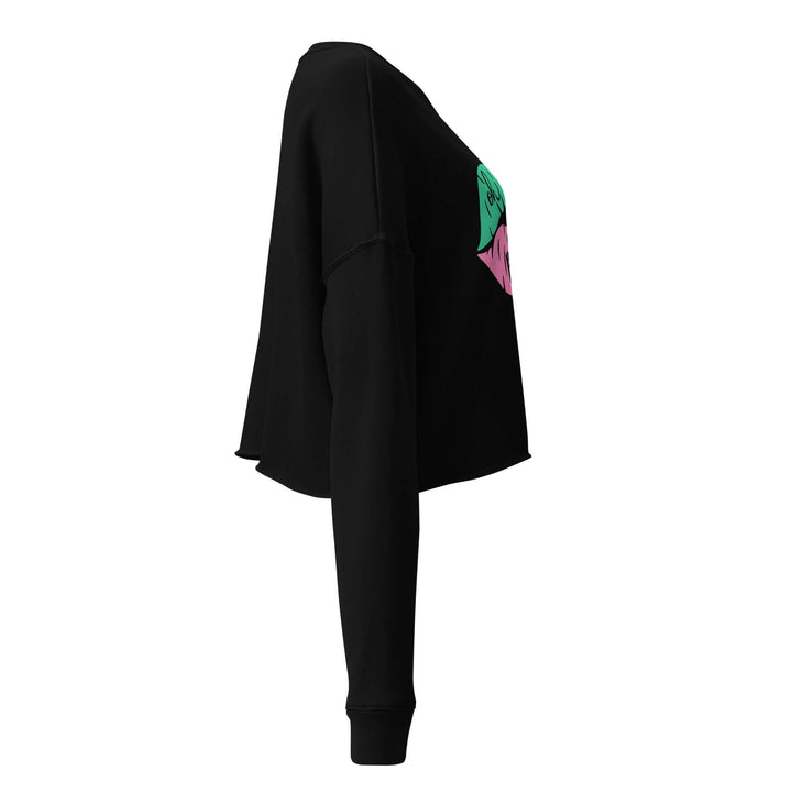 Side view of Oh So Pretty Crop Sweatshirt in black, featuring a stylish design perfect for sorority and fraternity gear.