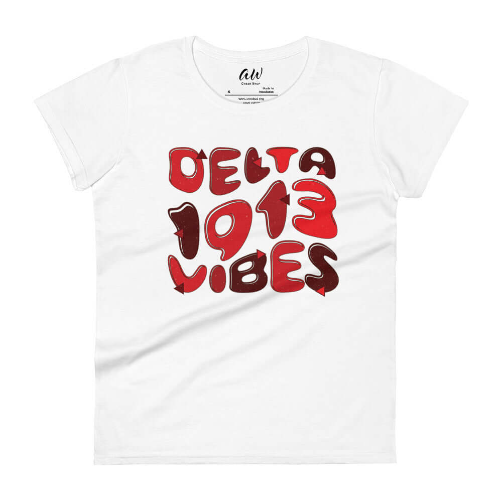Delta Vibes T-Shirt in white with bold red lettering, perfect Greek gear for sorority and fraternity paraphernalia.