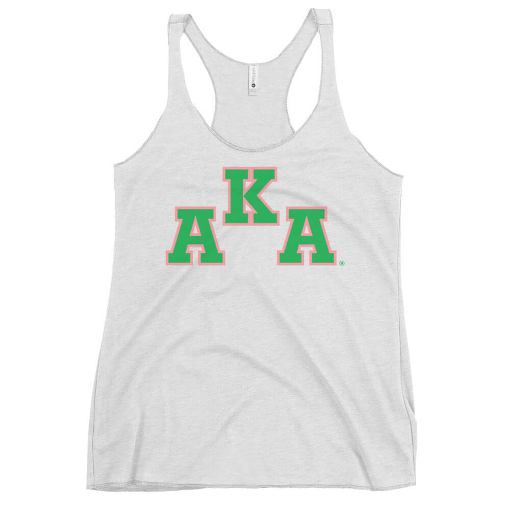 AKA Racerback Tank showcasing sorority pride with vibrant logo design in green and pink on a light gray fabric.