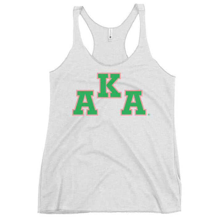 AKA Racerback Tank showcasing sorority pride with vibrant logo design in green and pink on a light gray fabric.