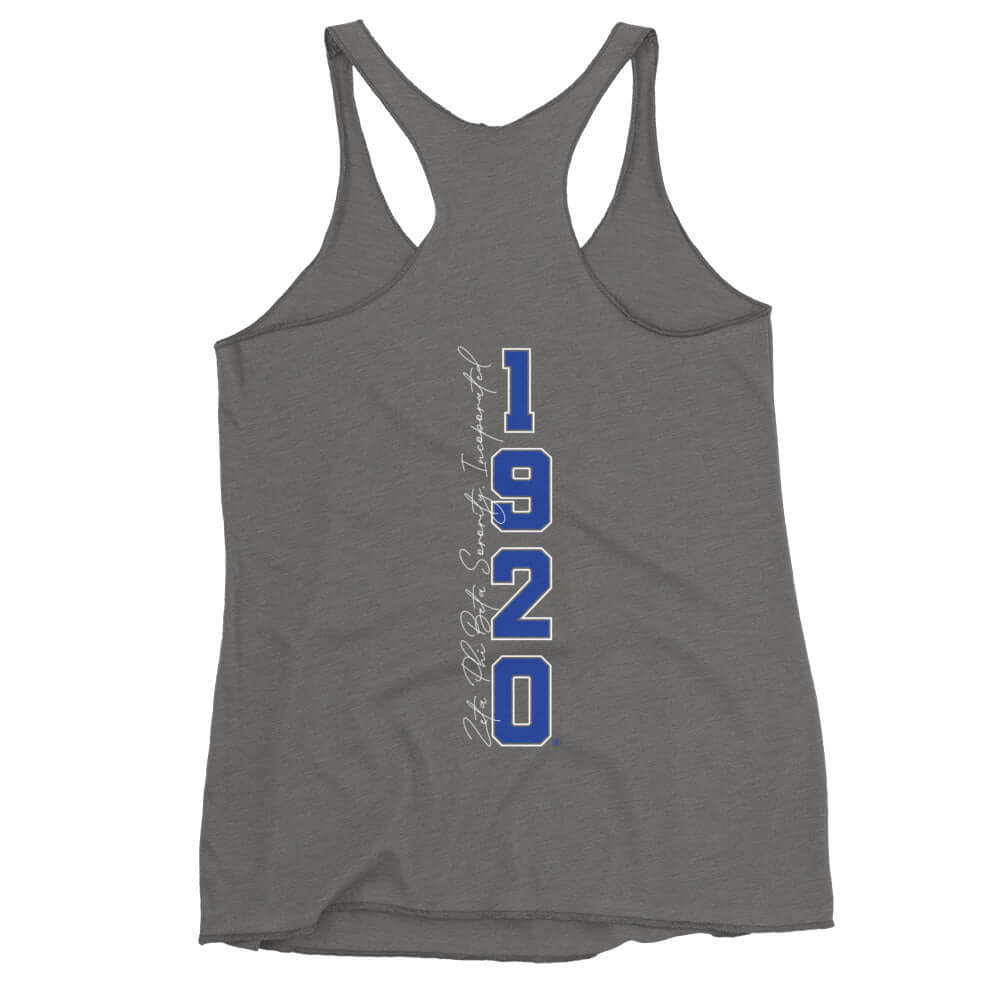 Zeta Phi Beta Racerback Tank in grey featuring 1920 design, perfect for sorority events and casual wear.