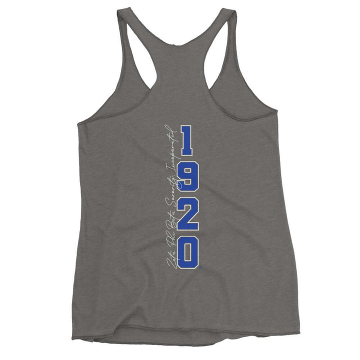 Zeta Phi Beta Racerback Tank in grey featuring 1920 design, perfect for sorority events and casual wear.