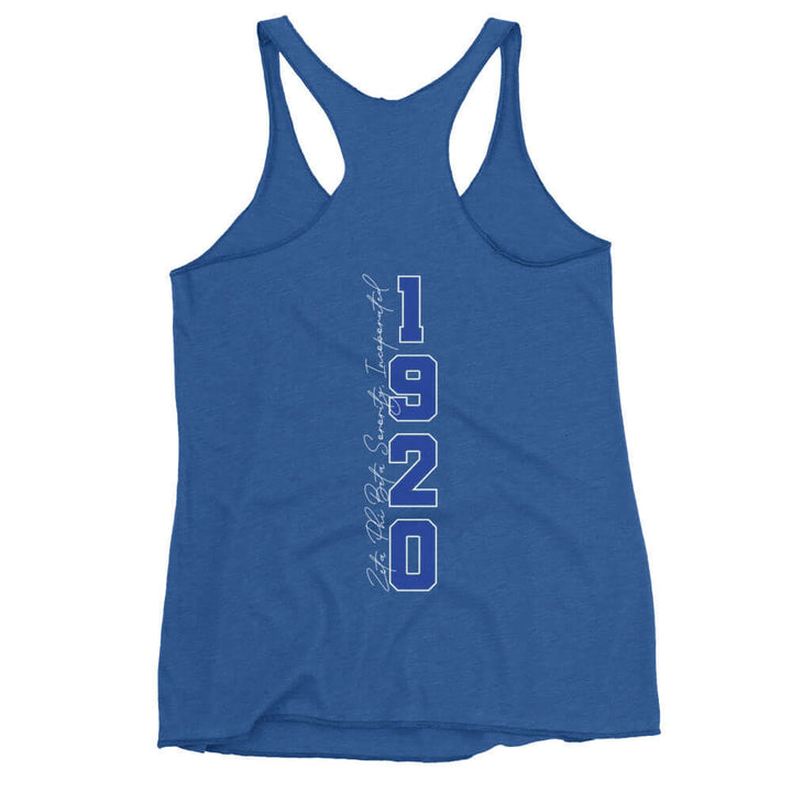 Zeta Phi Beta Racerback Tank in blue featuring 1920, perfect sorority paraphernalia and Greek gear for proud members.