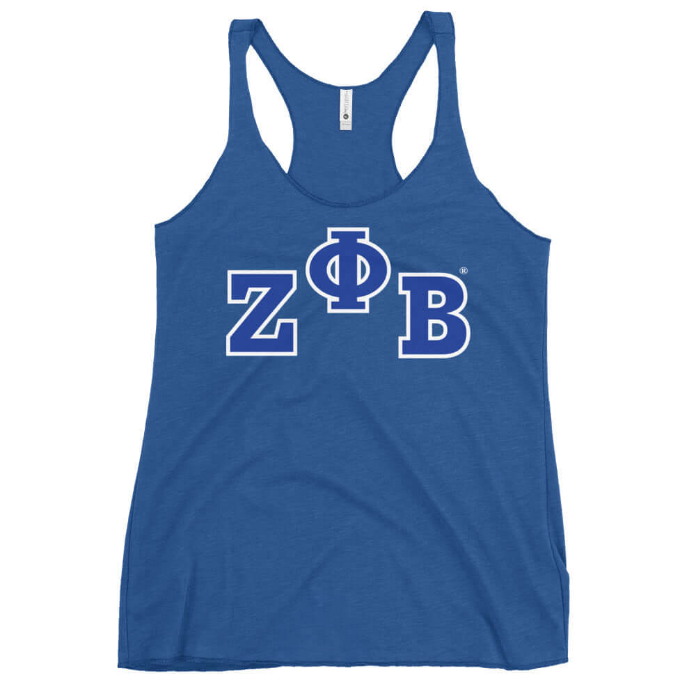 Zeta Phi Beta Racerback Tank in royal blue, featuring iconic sorority lettering for stylish Greek gear.