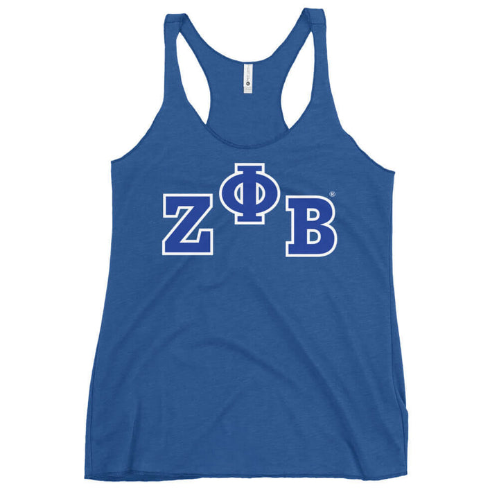 Zeta Phi Beta Racerback Tank in royal blue, featuring iconic sorority lettering for stylish Greek gear.