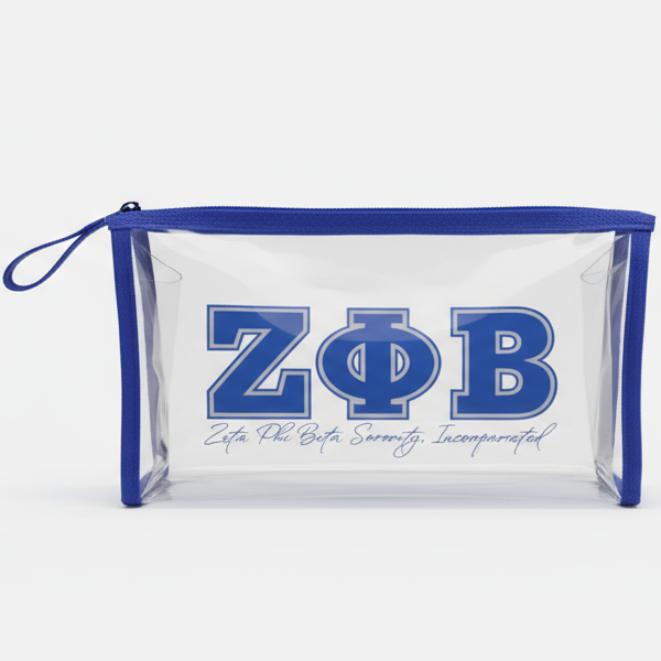 Zeta Phi Beta clear cosmetic bag with royal blue trim and ΖΦΒ letters by A&W Greek Shop, TSA-approved travel pouch for toiletries and cosmetics.