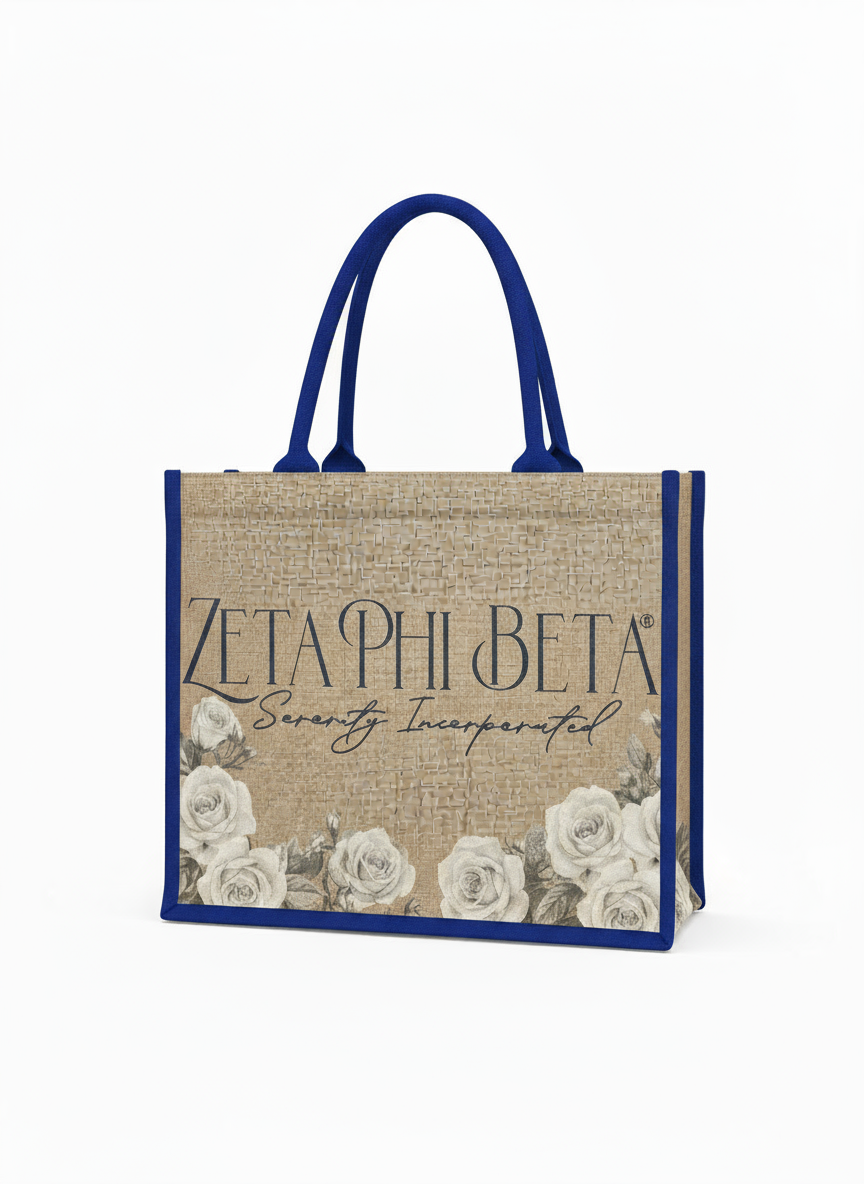 Front view of Zeta Phi Beta floral jute tote bag with white rose accents and sorority lettering by A&W Greek Shop.