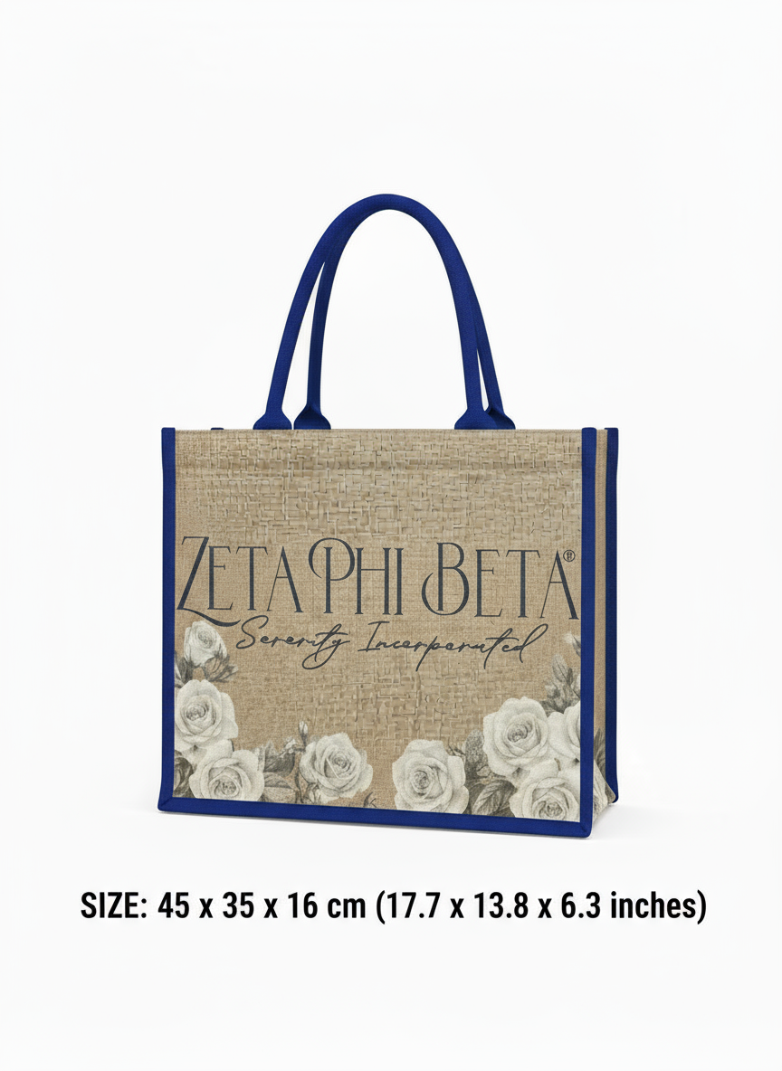 Zeta Phi Beta floral jute tote bag with royal blue trim and printed dimensions, 45 x 35 x 16 cm (17.7 x 13.8 x 6.3 in)
