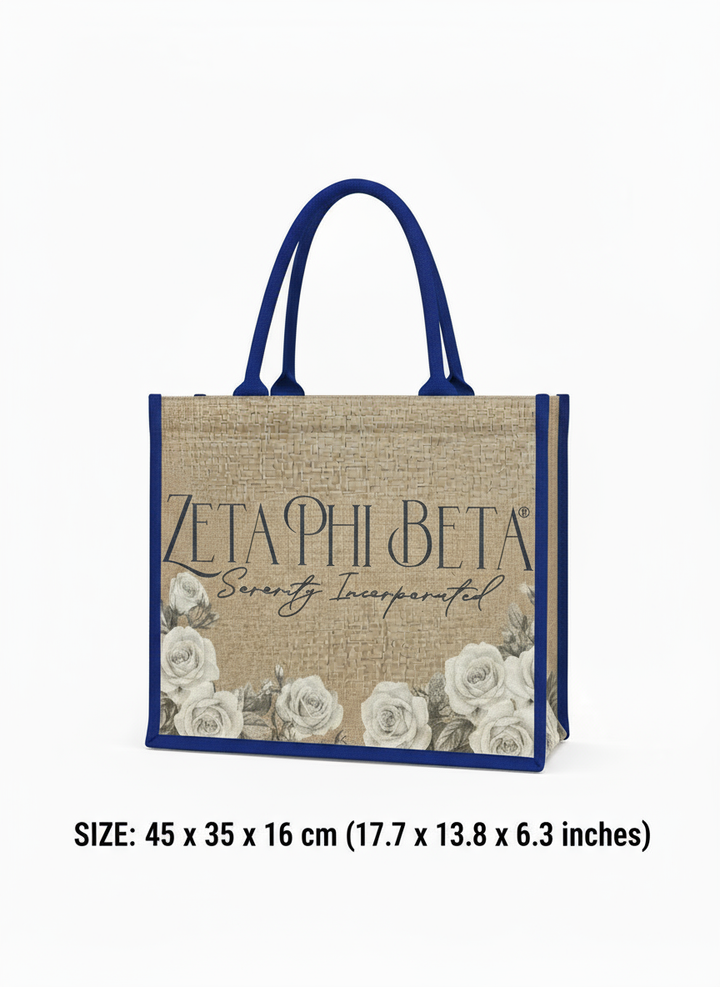 Zeta Phi Beta floral jute tote bag with royal blue trim and printed dimensions, 45 x 35 x 16 cm (17.7 x 13.8 x 6.3 in)
