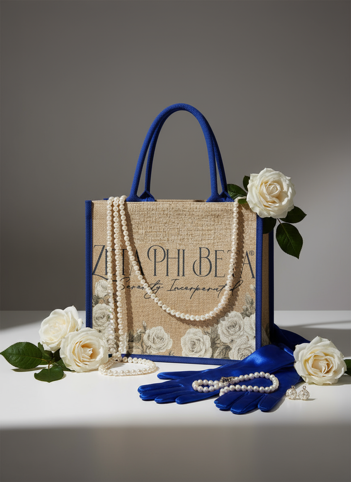 Zeta Phi Beta floral jute tote bag with white rose design styled with pearls and gloves, photographed by A&W Greek Shop.
