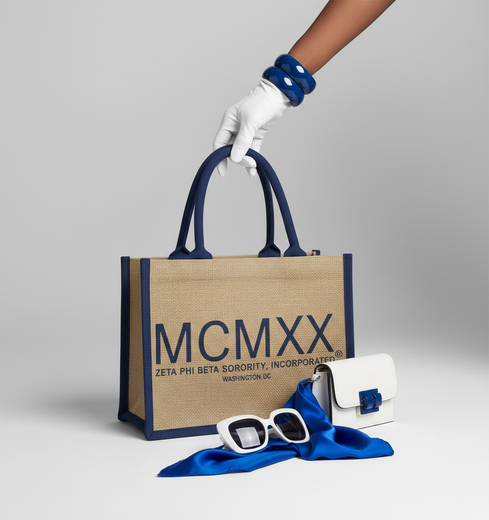 Styled Zeta Phi Beta MCMXX jute tote bag with accessories, blue  trim, and eco-friendly design by A&W Greek Shop.