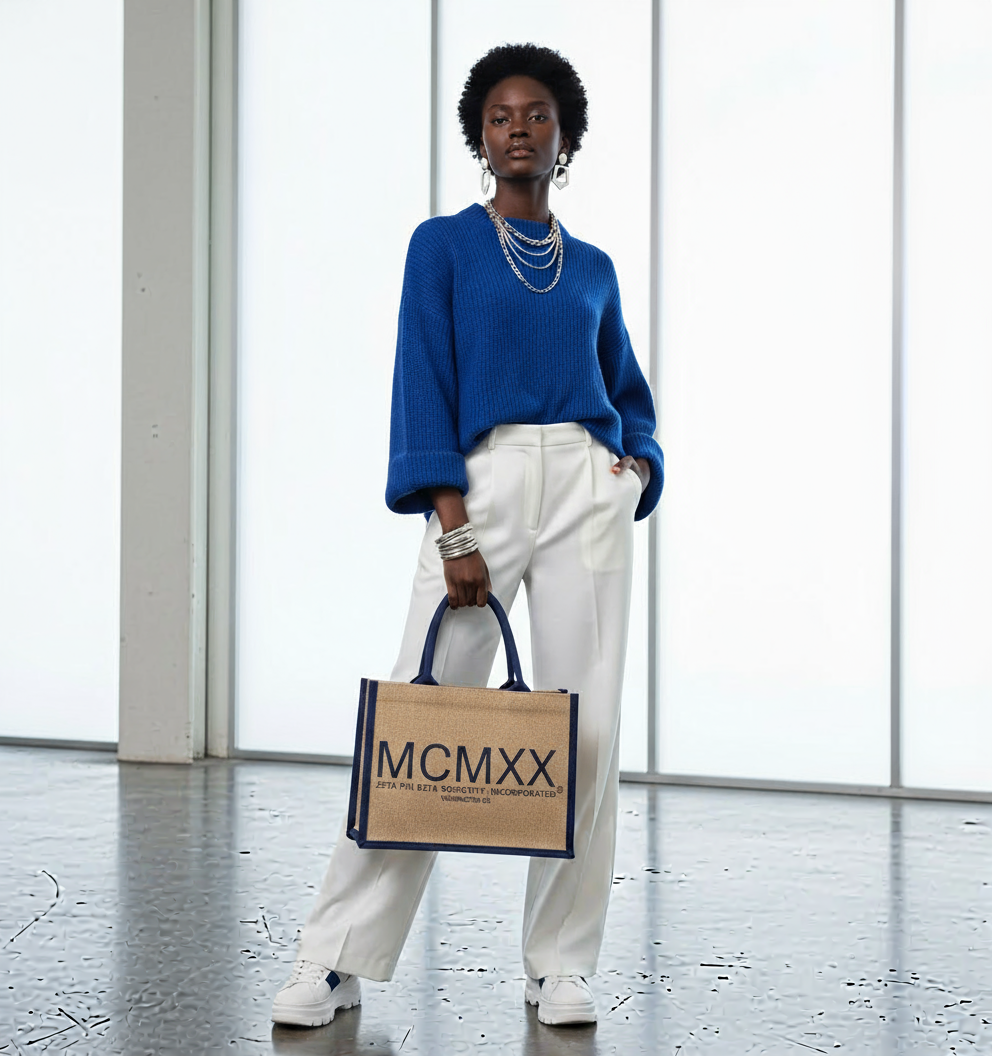 Zeta Phi Beta MCMXX jute tote bag held by model styled in trendy royal blue and white outfit and accessories, design by A&W Greek Shop.