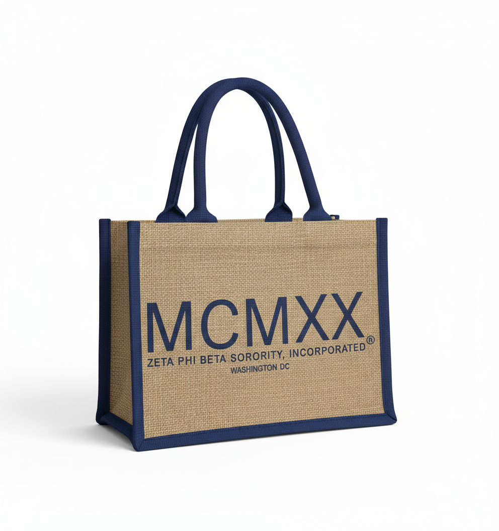 Zeta Phi Beta MCMXX jute tote bag with navy trim and handles by A&W Greek Shop, eco-friendly sorority carryall with founding year design.