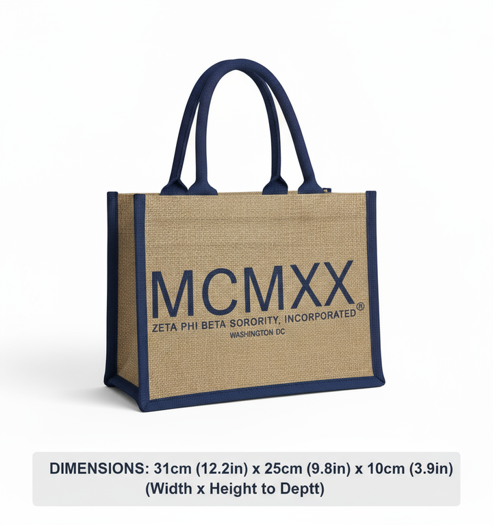 Size guide for Zeta Phi Beta MCMXX jute tote with reinforced trim and sturdy sorority styling.