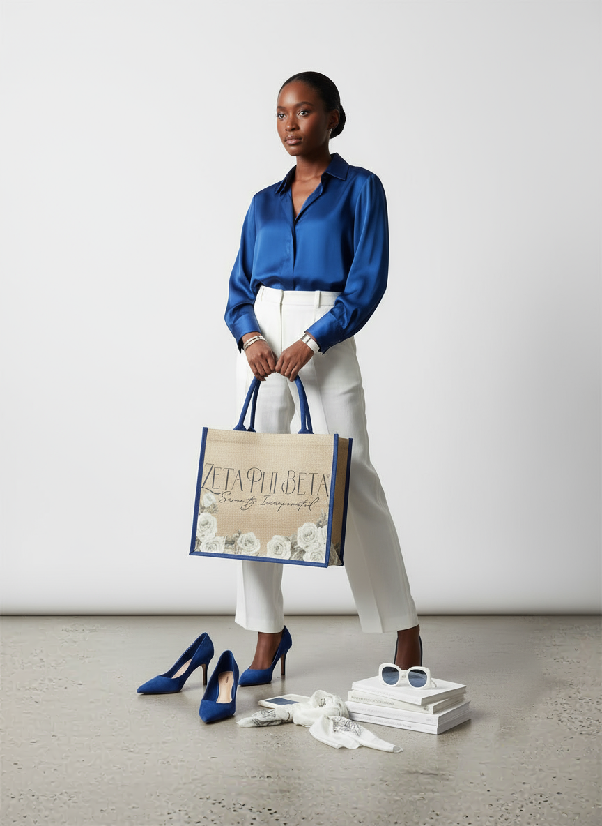 Model carrying Zeta Phi Beta script jute tote bag with royal blue trim, styled for sorority fashion by A&W Greek Shop.